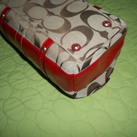 Coach Brown Signature Canvas with Red Patent Leather Bag with Wristlet/Wallet - Picture 12 of 16